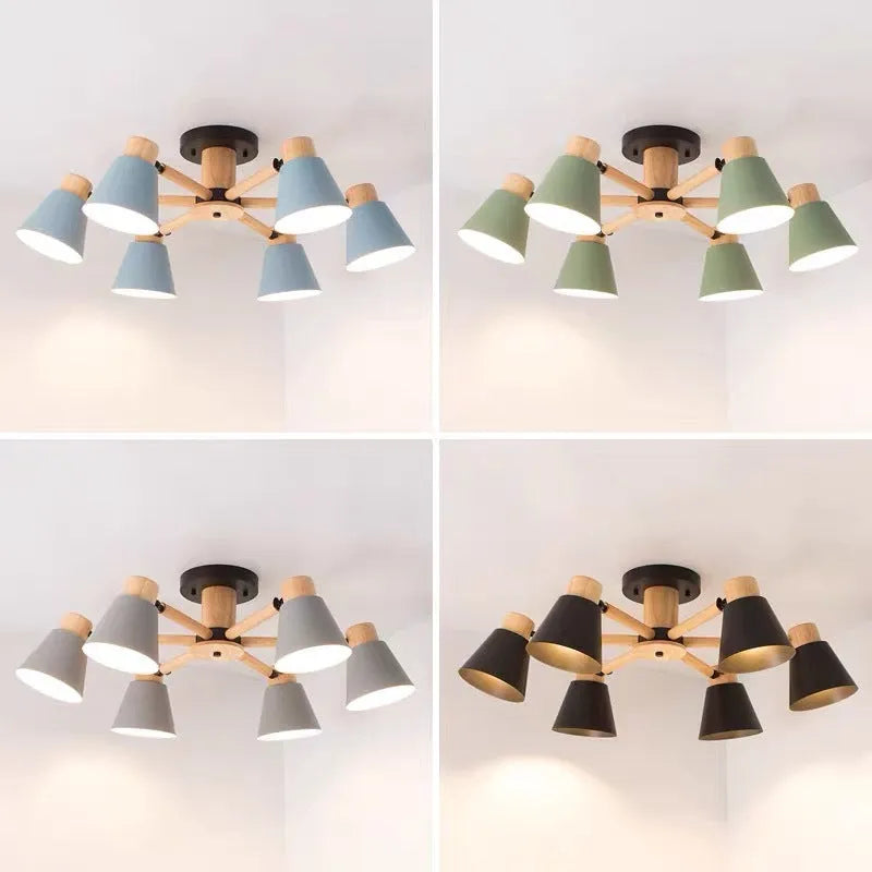 Nordic Macaron ceiling lamp with ironwood construction and colourful pendant heads