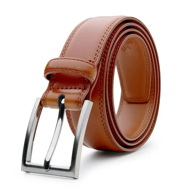 Men's brown genuine leather casual belt with an alloy buckle on a white background.
