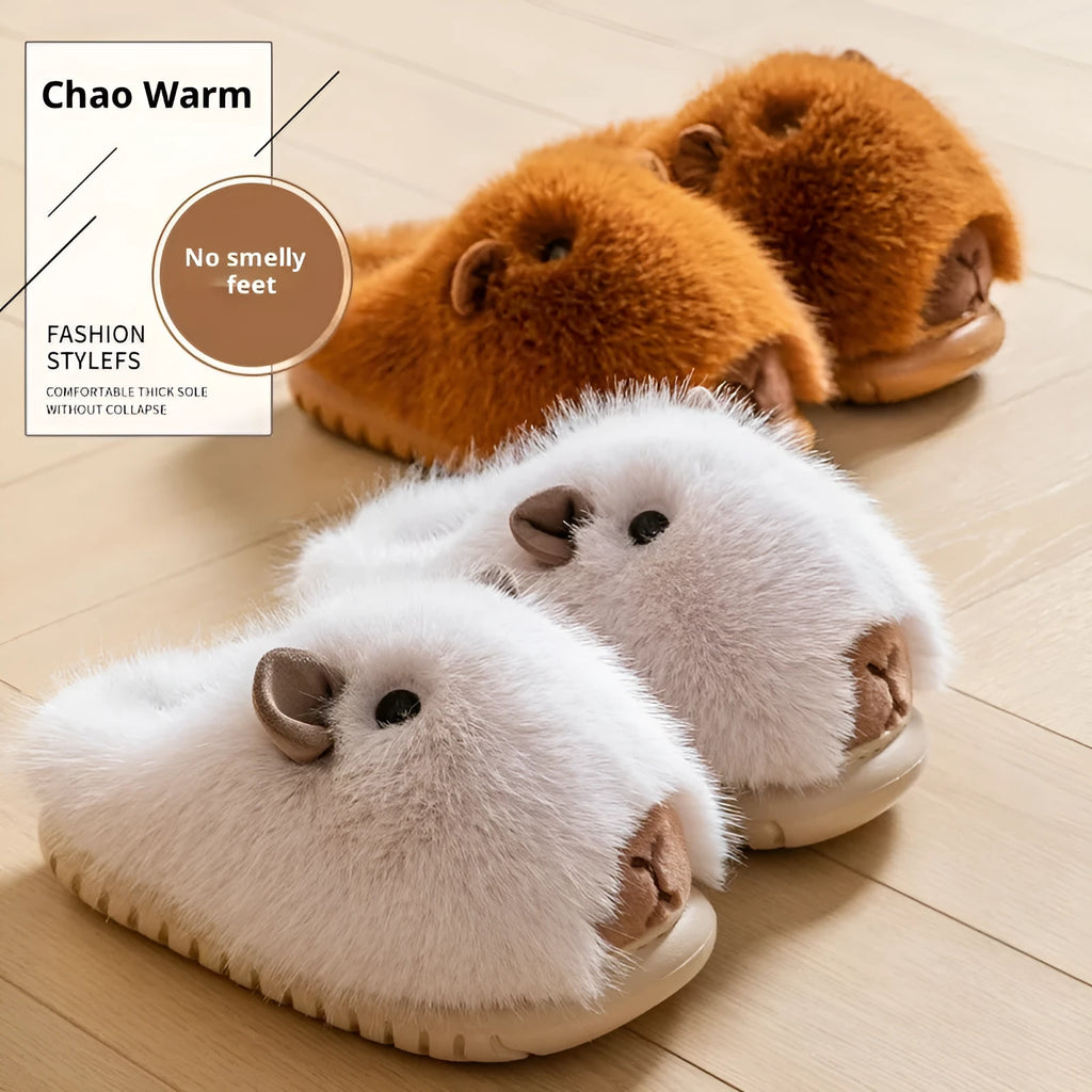 Women's cartoon plush slippers in dark brown with shearling lining and anti-slip EVA sole