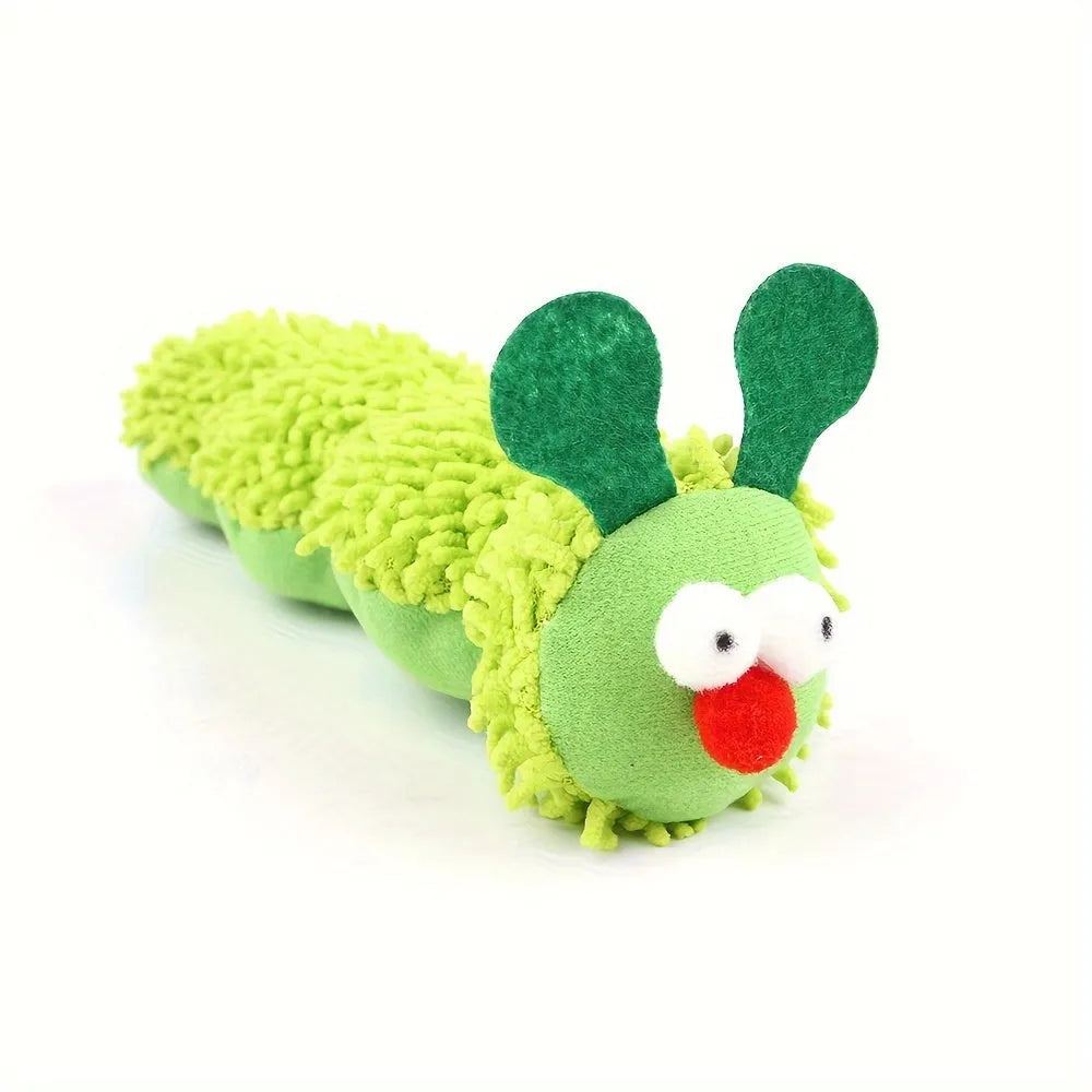 Green interactive plush cat toy pillow on a surface, showing soft fabric and dimensions.