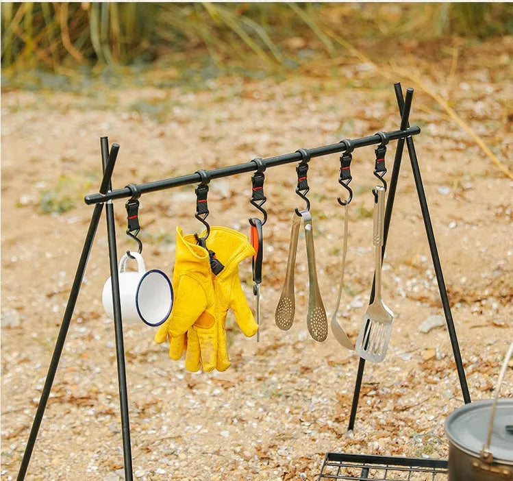 Aluminium alloy foldable triangle camping clothes drying rack with multiple hooks