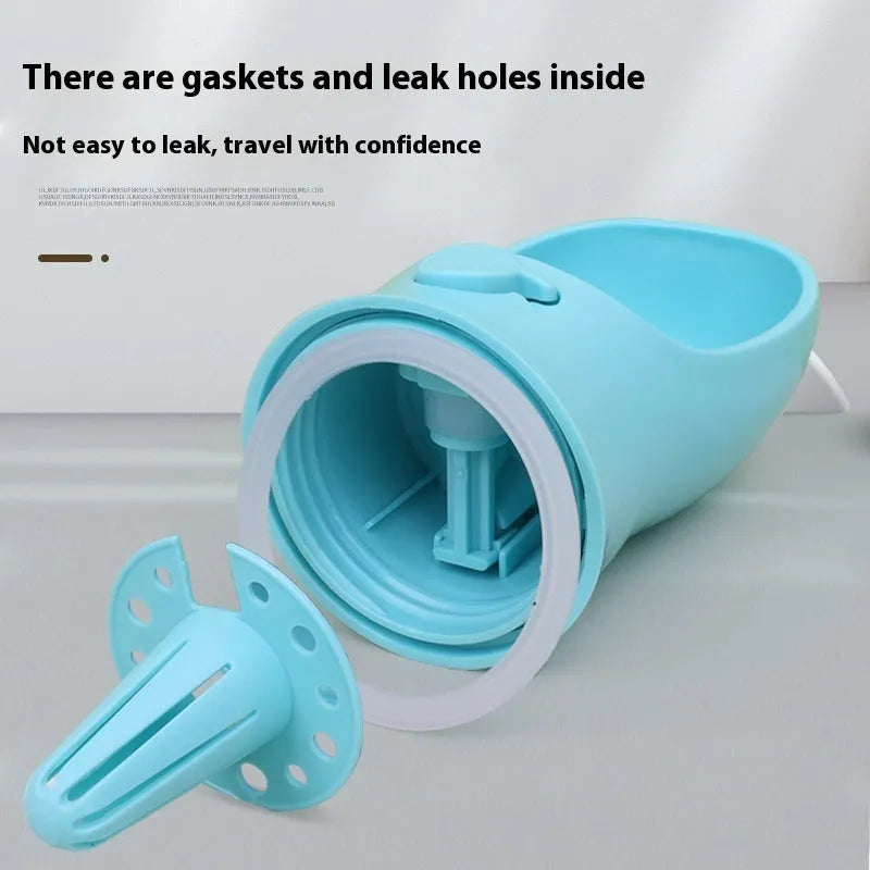 Portable dual-use dog water cup in blue, white, or pink with split water grain pattern