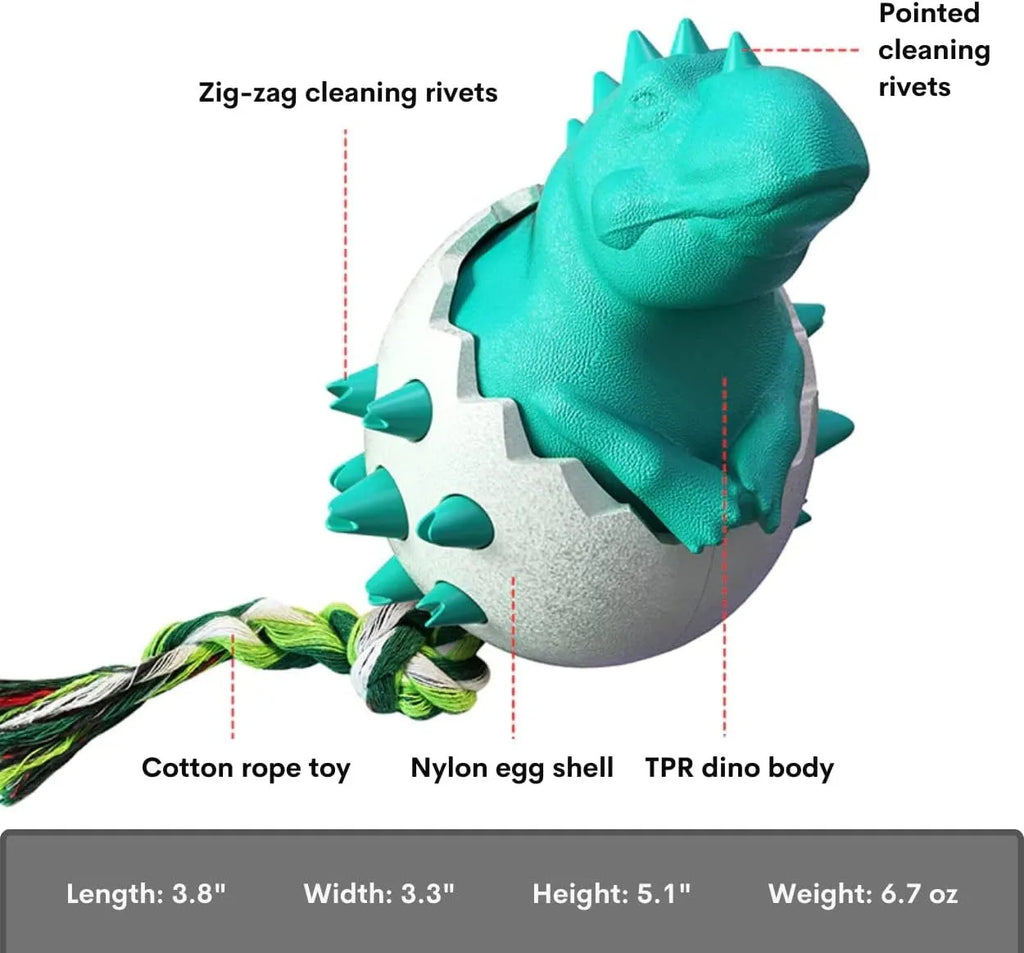Blue dinosaur dog chew toy with rope attached, showing textured surface with dental nubs