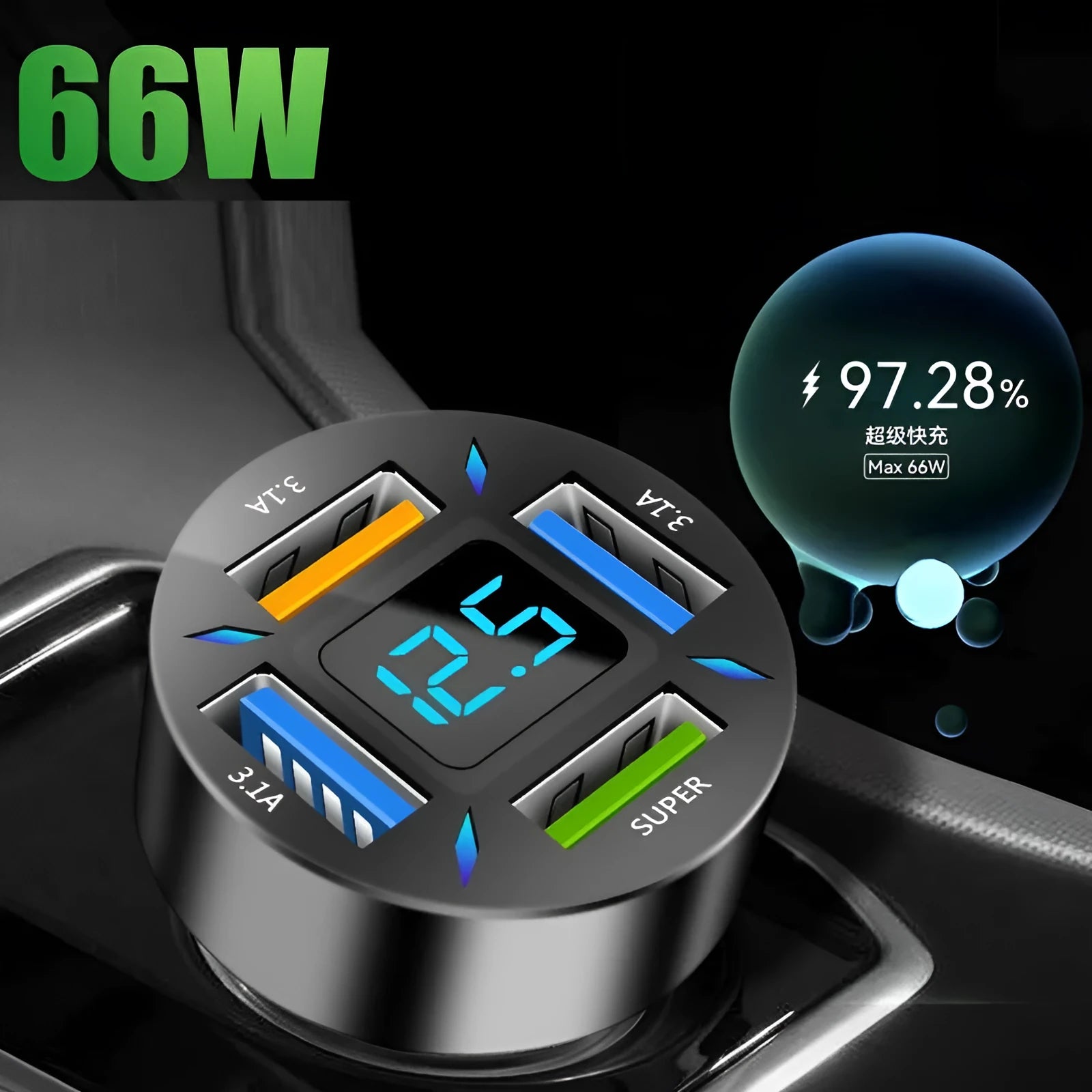 Four-port USB car charger with LED digital display, shown plugged into a vehicle socket.