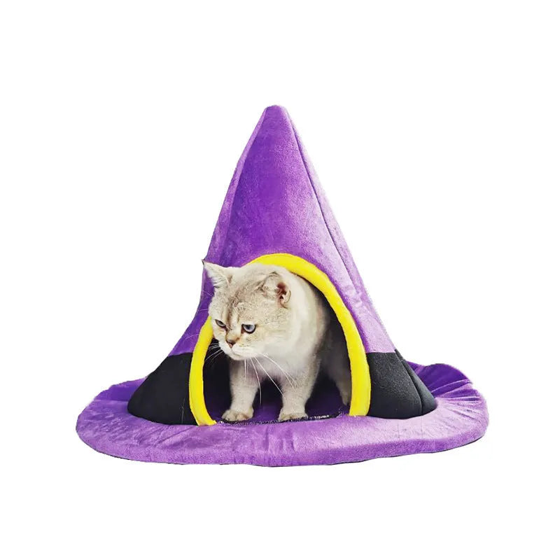 Purple Halloween witch hat shaped cat bed for cats with soft cloth fabric