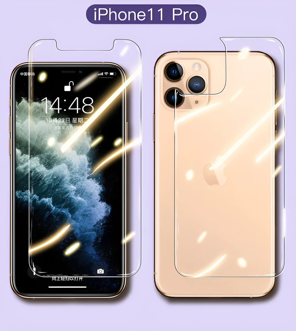 Apple iPhone tempered glass screen protector set showing front and rear film with true 10D explosion-proof construction