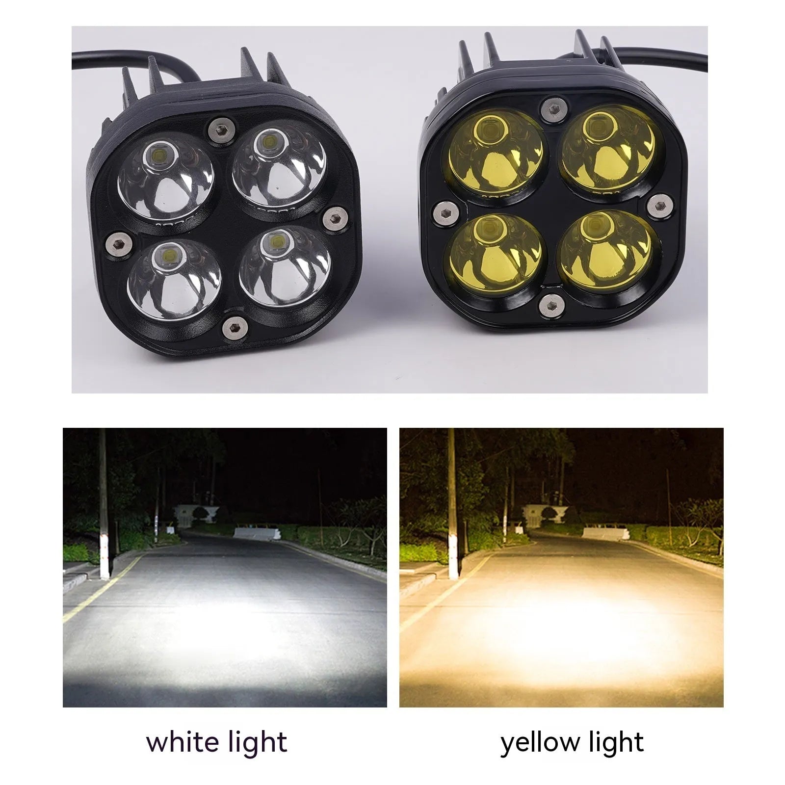 Four-eye vehicle headlight modification unit with aluminium base plate, white and yellow light options