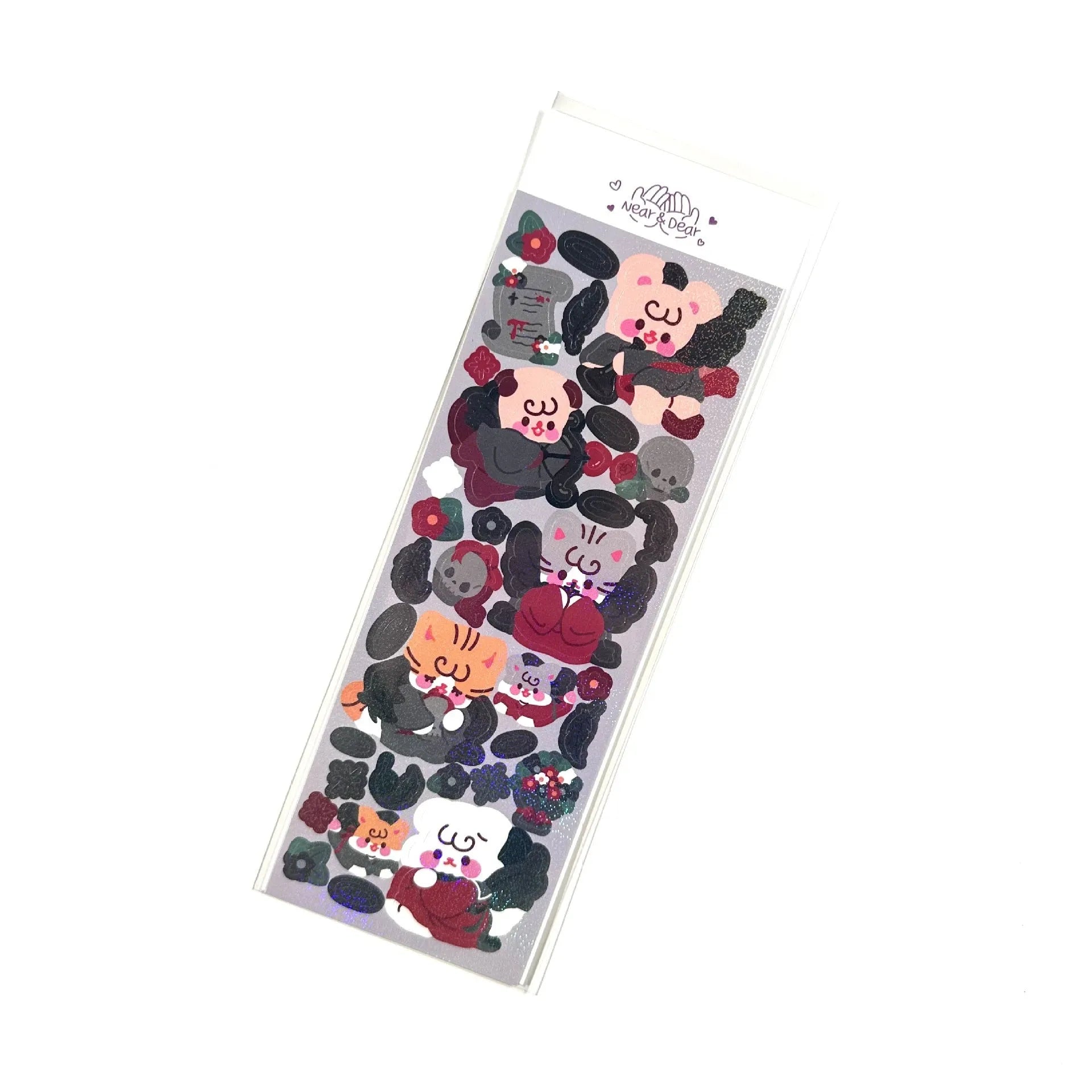 Cartoon animal PET sticker sheet in Korean style with 6.5 x 17.5cm size, black angel colour theme
