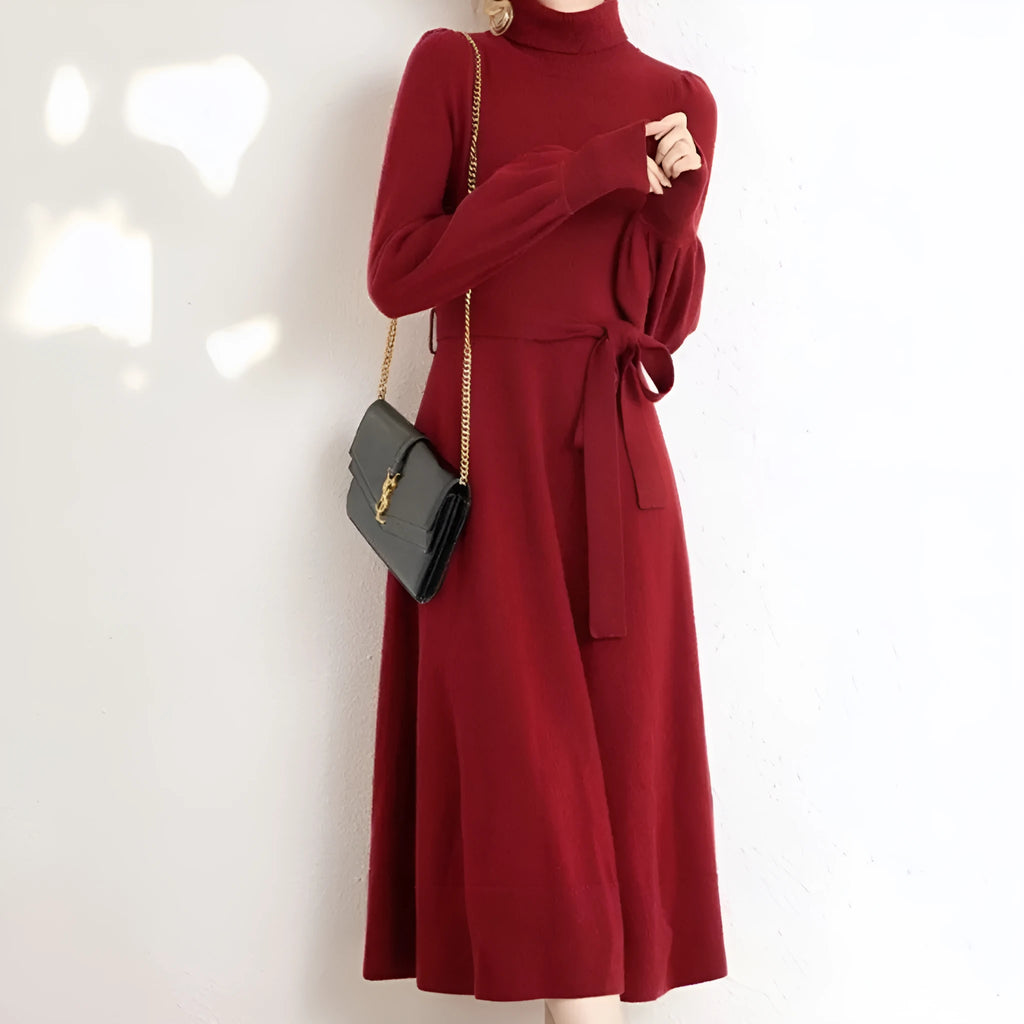 Women's solid color turtleneck knit dress with long sleeves and elastic waist in rose red, black, red, or blue