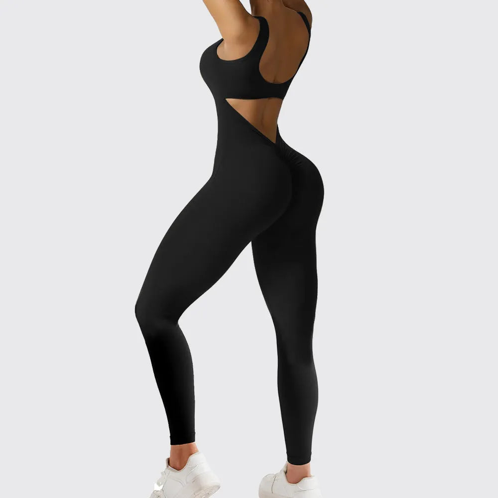 Women's sleeveless flare leg jumpsuit for yoga in high-elasticity polyester fabric.
