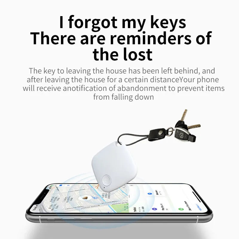 Compact cylindrical Bluetooth tracker with key ring for keys wallets and pets, shown in multiple colours.
