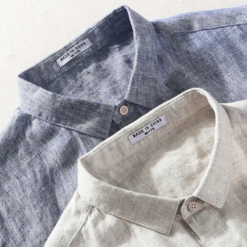 Men's raw jute linen short sleeve shirt with square collar and cardigan style.