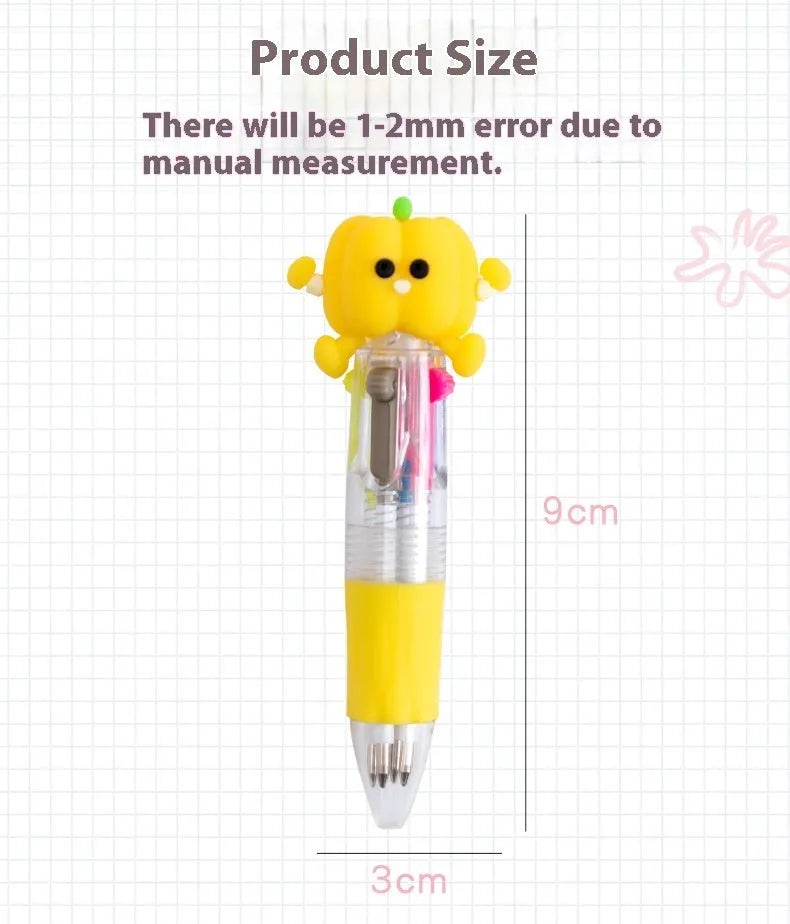 A four-colour press ballpoint pen with a cute cartoon design, showing a bullet-shaped 0.7mm writing tip.