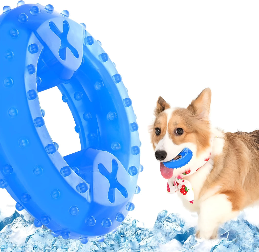 Freezable dog chew toy in bone and circle shapes with a treat slot, shown frozen.