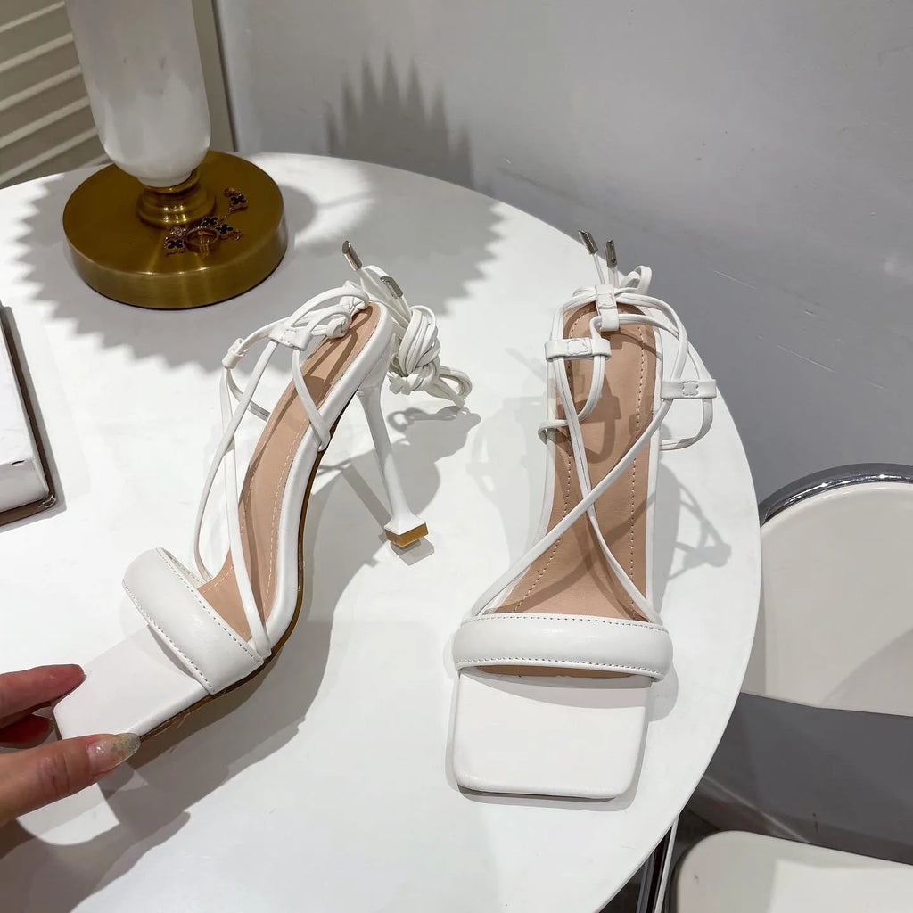 Stiletto cutout ankle strap heels in patent leather, available in multiple colours, sizes 35-42