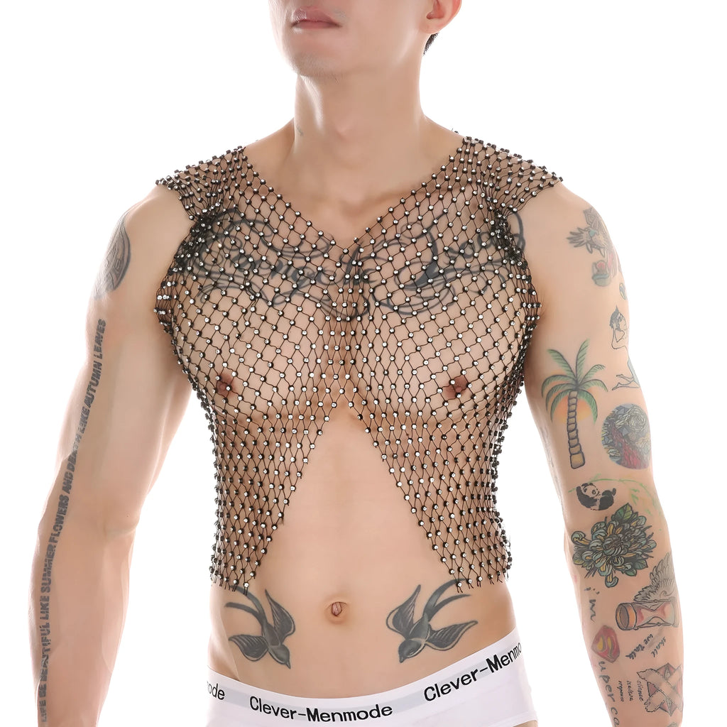 Men's big rhinestone split V-neck fishnet sleeveless top in nylon black and white