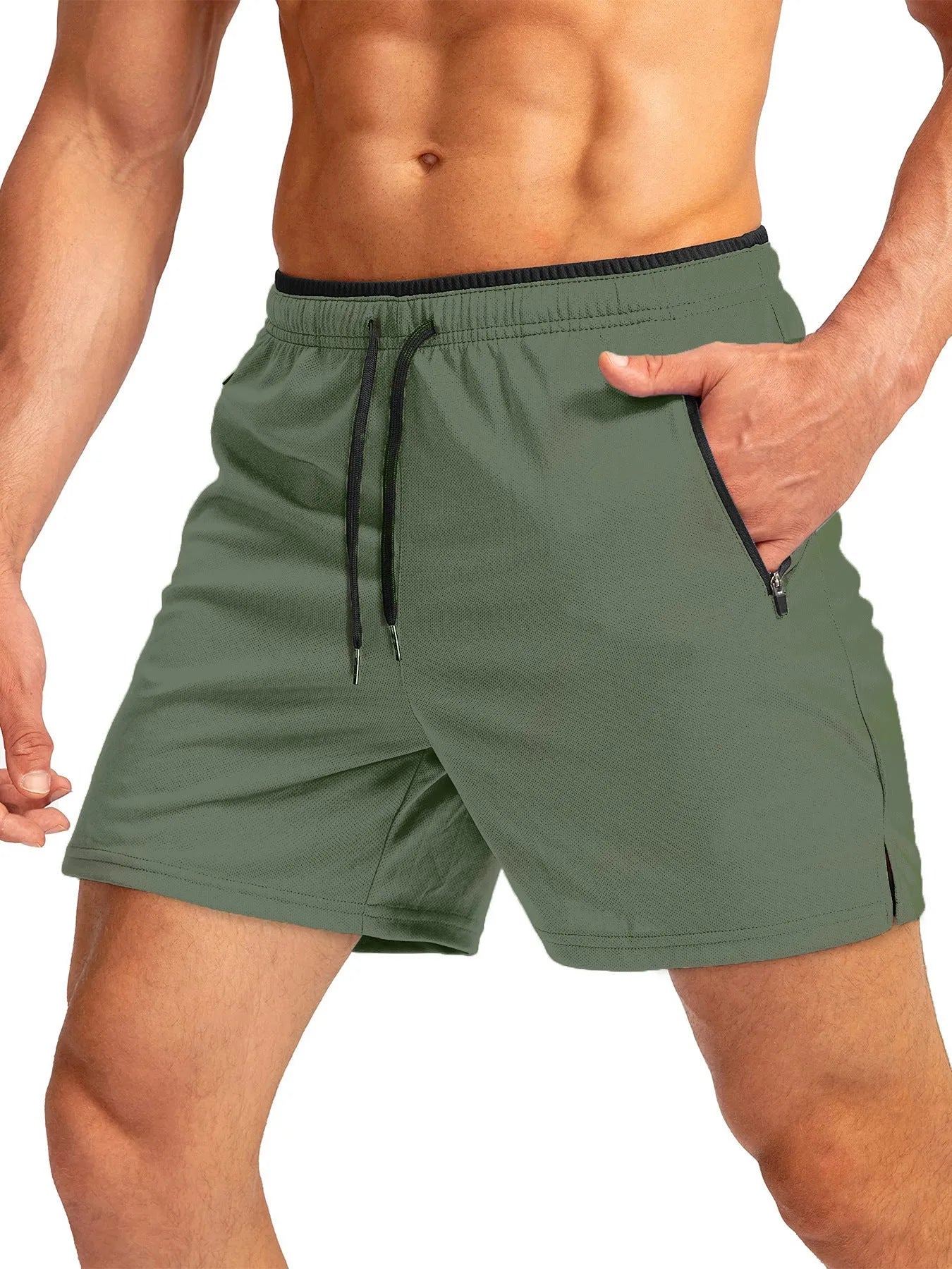 Men's running short with belt and zipper pocket in army green on white background