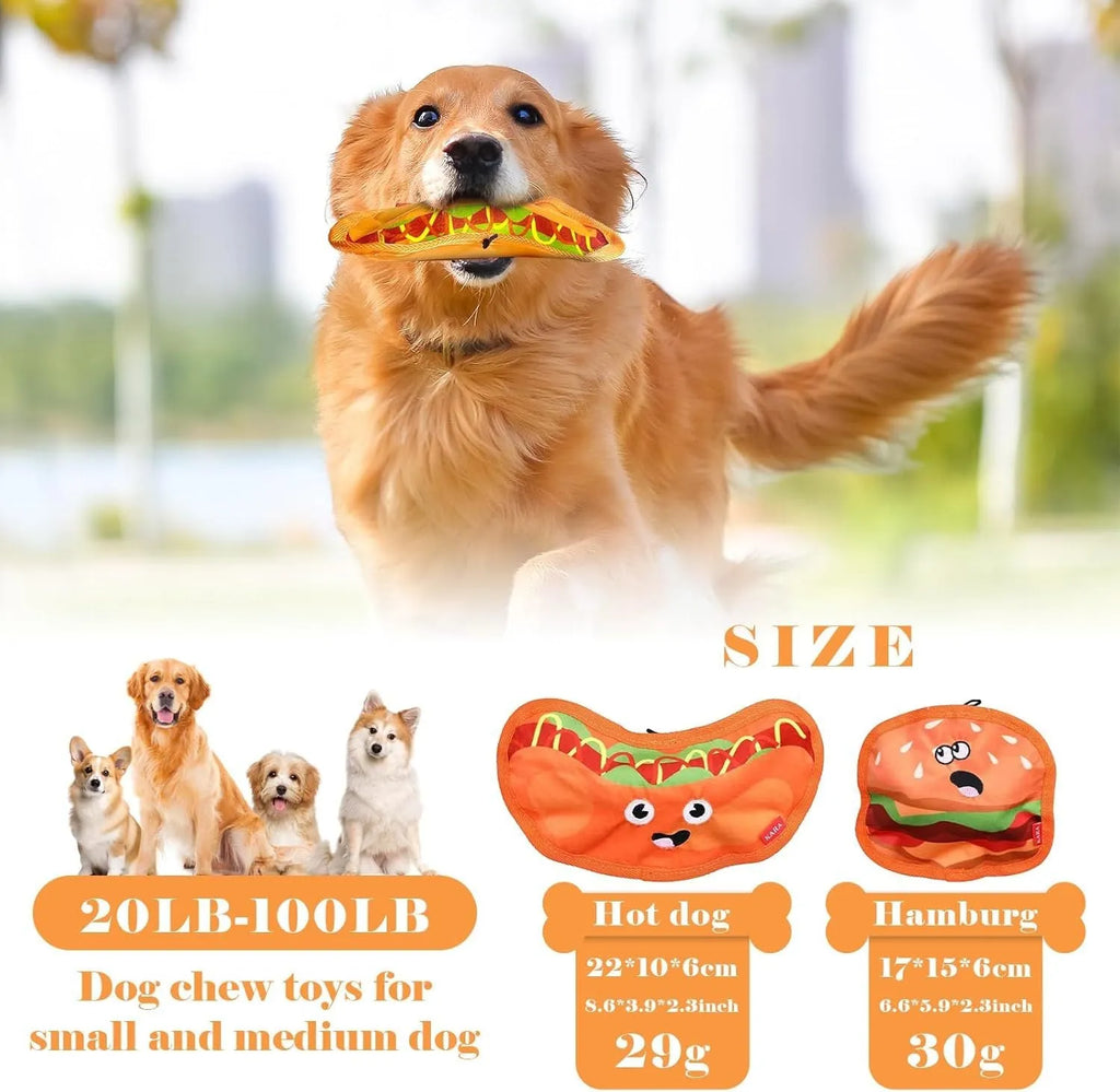 Colourful hamburger-shaped dog chew toy with crinkle and squeak features for interactive play.