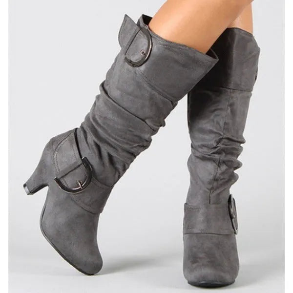 Women's brushed velvet suede high cylinder boots in solid colour with tapered heel and round toe