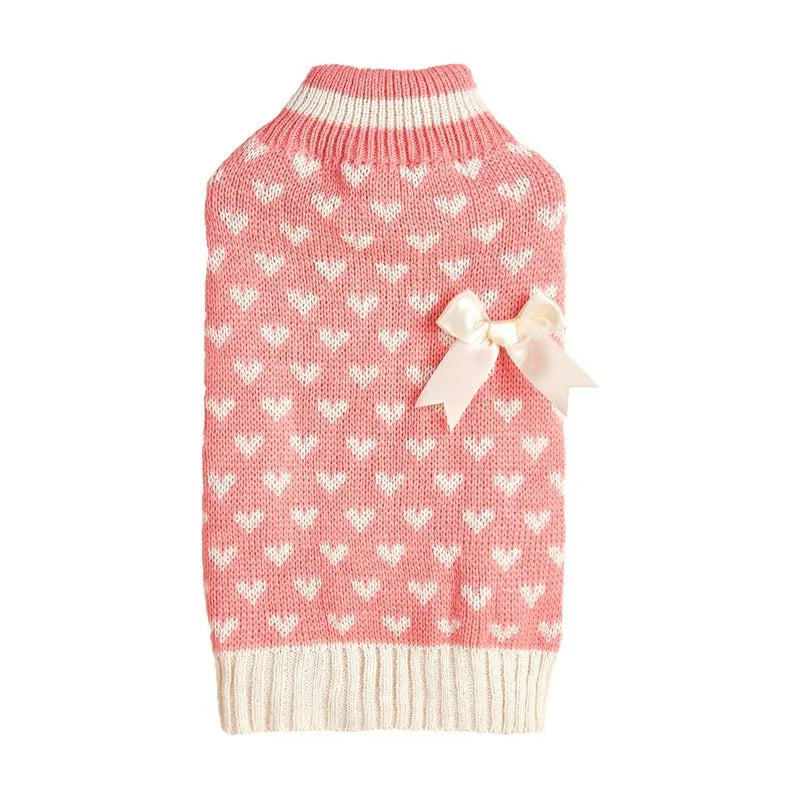 Ins style acrylic dog sweater with decorative bow and love heart design in multiple colour options