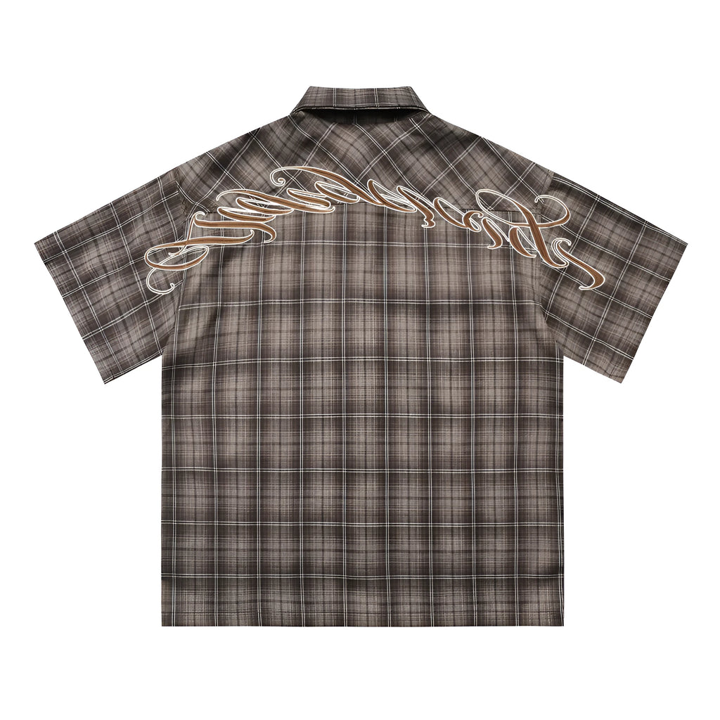 Men's black and brown plaid short-sleeve shirt with letter embroidery detail