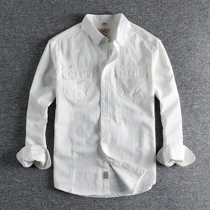 British retro cotton long sleeve cardigan style shirt in white and light blue colours