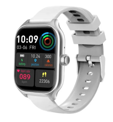 Bluetooth smart watch with full touch screen and silicone strap for health monitoring.
