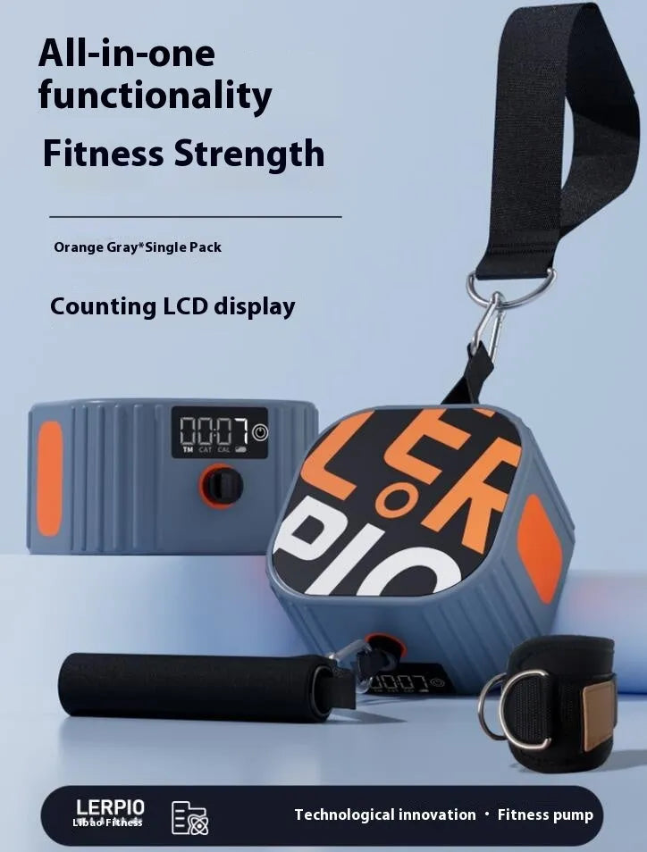 Multi functional fitness tensioner with intelligent resistance adjustment showing blue grey and orange grey colour options
