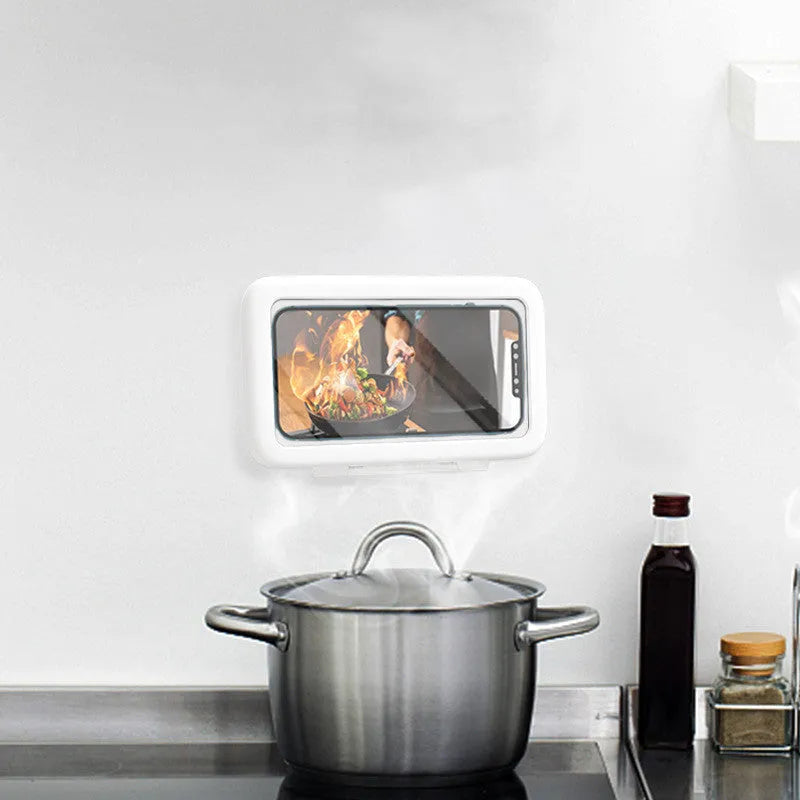Waterproof shower phone case with touch screen mounted on bathroom tile holding mobile phone