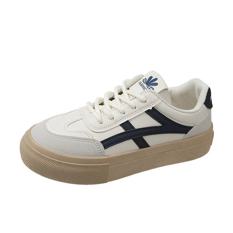 Brown and blue low-top women's casual lace-up shoes with round toe and patent leather finish.