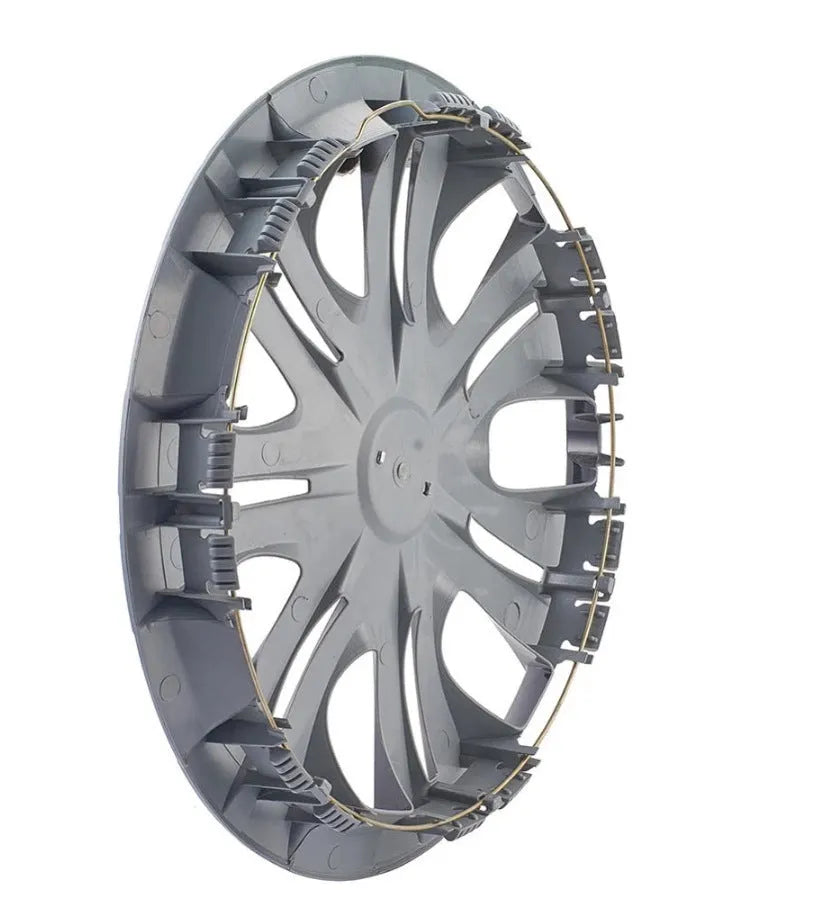 Universal car wheel hub cover in black, silver, and electroplated monochrome finishes.