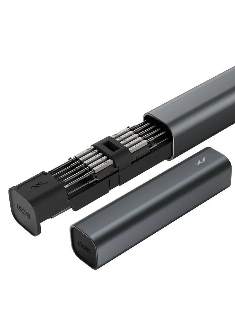 Black multi-function screwdriver set in aluminium tube with magnetic insulated chrome-molybdenum alloy steel tips for phone repair
