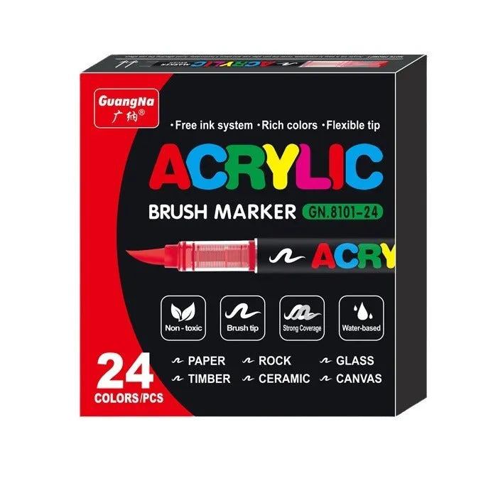 Set of straight liquid acrylic paint marker pens with soft brush tips in multiple colours