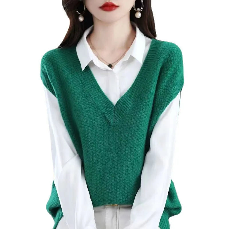 Women's sleeveless V-neck acrylic pullover vest with 3D pattern texture in multiple colour options