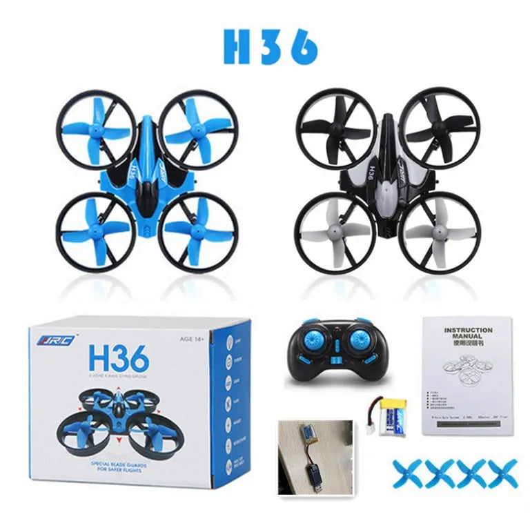 JJRC H36 mini drone in blue with protective fan guard and USB charging line on a white background