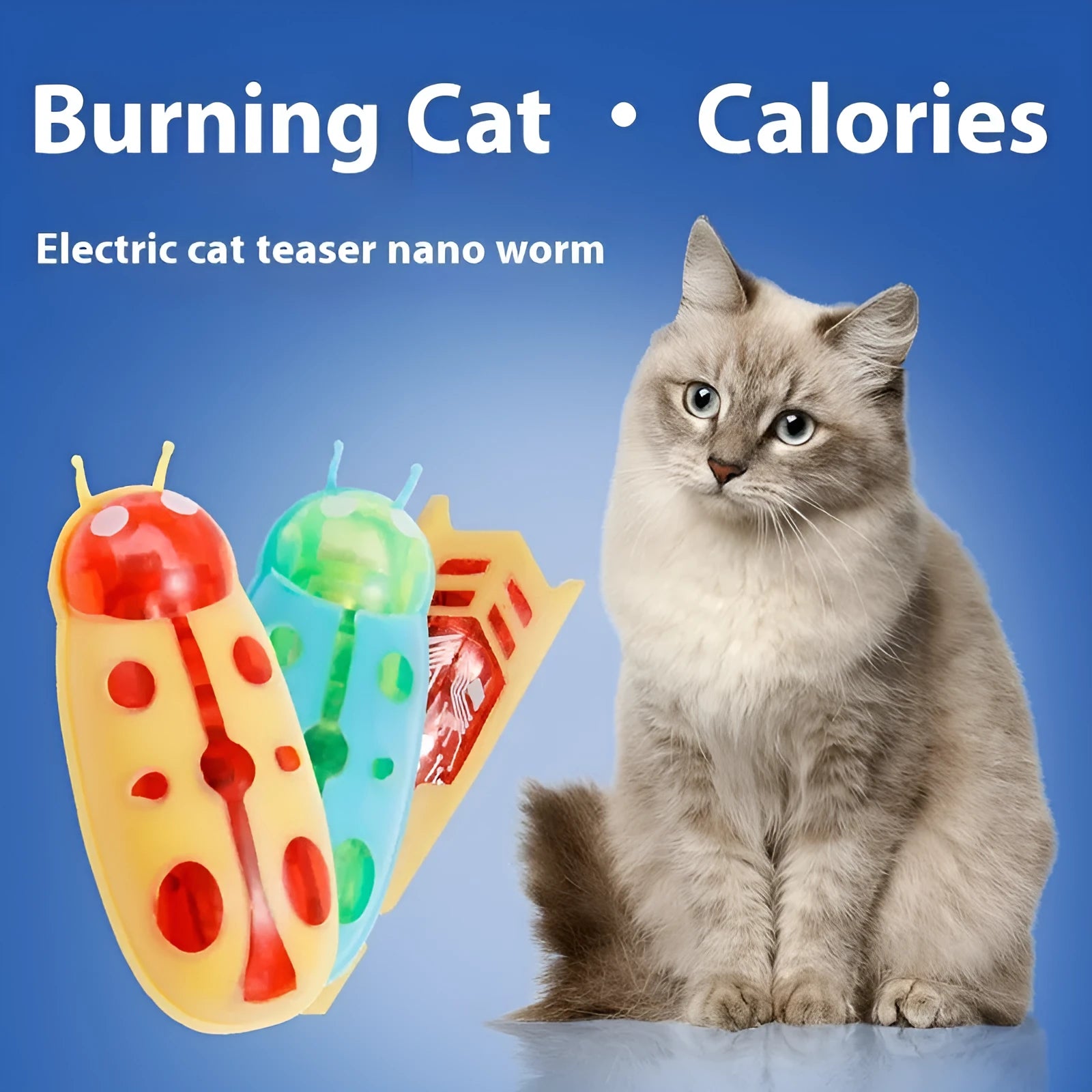 Small worm-shaped electric jumping insect cat toy in plastic, shown in red and black ladybug style.