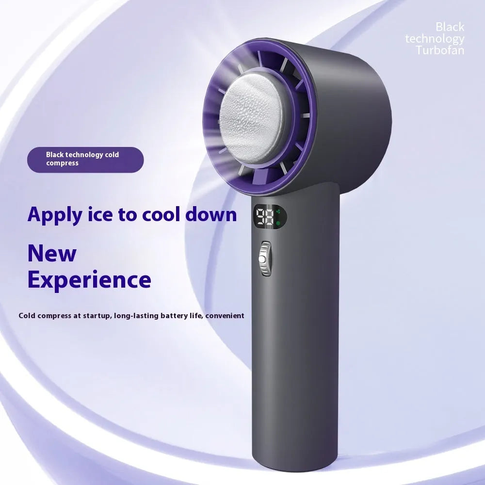 Portable handheld turbo fan with semiconductor cooling, 3000mAh battery, 58x60.5x170mm, in white