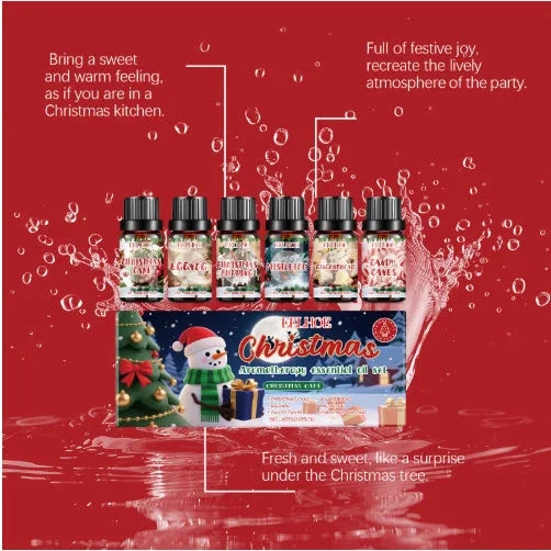 Christmas aromatherapy oil set showing six 60ml bottles for festive home fragrance