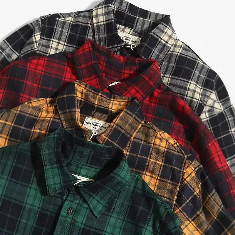 Men's thickened plaid double pocket long sleeve overalls shirt in loose cardigan fit, available in four colours