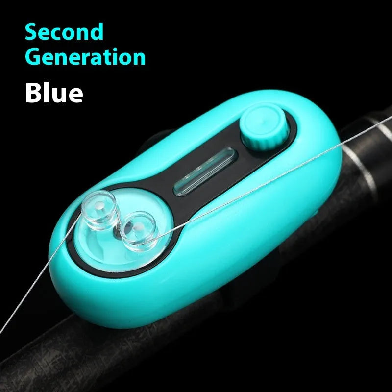 Blue electronic fishing bite alarm with LED light and buzzer attached to a fishing rod
