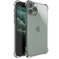Clear transparent TPU shockproof protective case for Apple iPhone, showing phone model compatibility list.