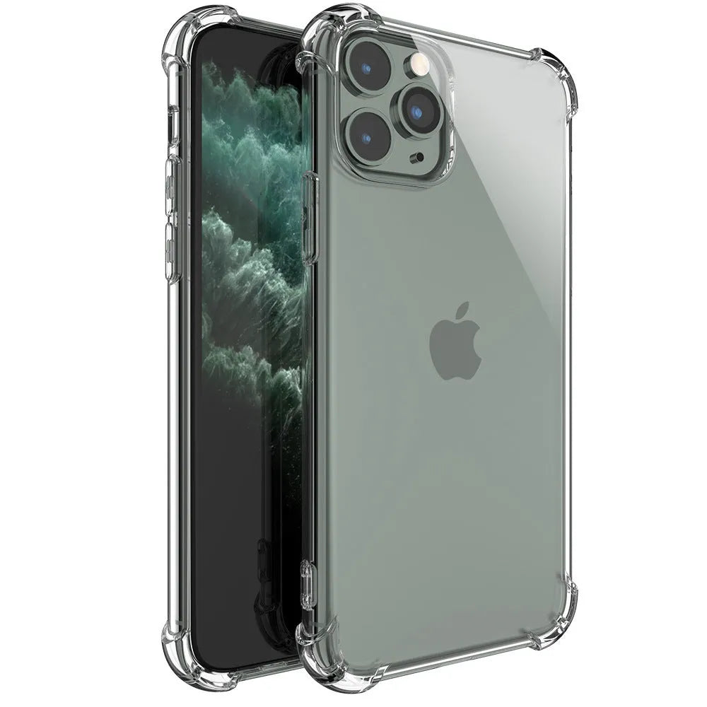 Clear transparent TPU shockproof protective case for Apple iPhone, showing phone model compatibility list.