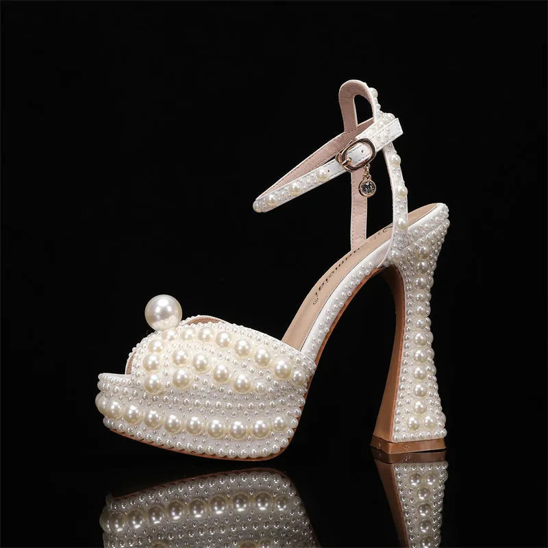 PU woman high heeled shoes, rhinestone stiletto pumps, fish mouth toe, buckle closure, beige colour, wedding banquet footwear