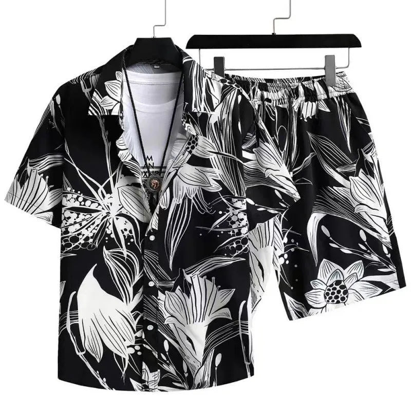 Men's light blue digital print short sleeve cardigan and shorts casual suit set.