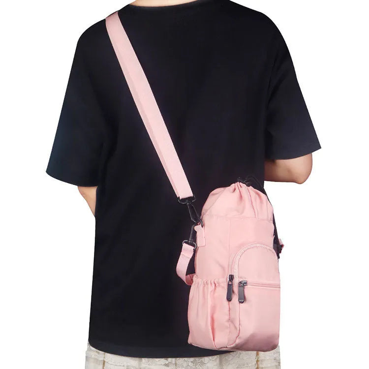 Cloth crossbody water bottle shoulder pouch in black, green, or pink colour.