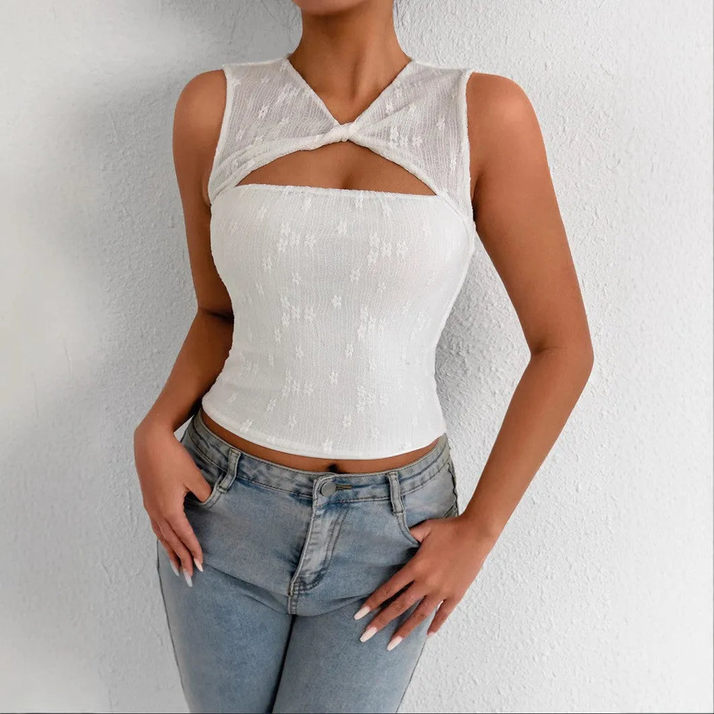 White women's lace patchwork sleeveless top slim fit short 40cm pullover on model