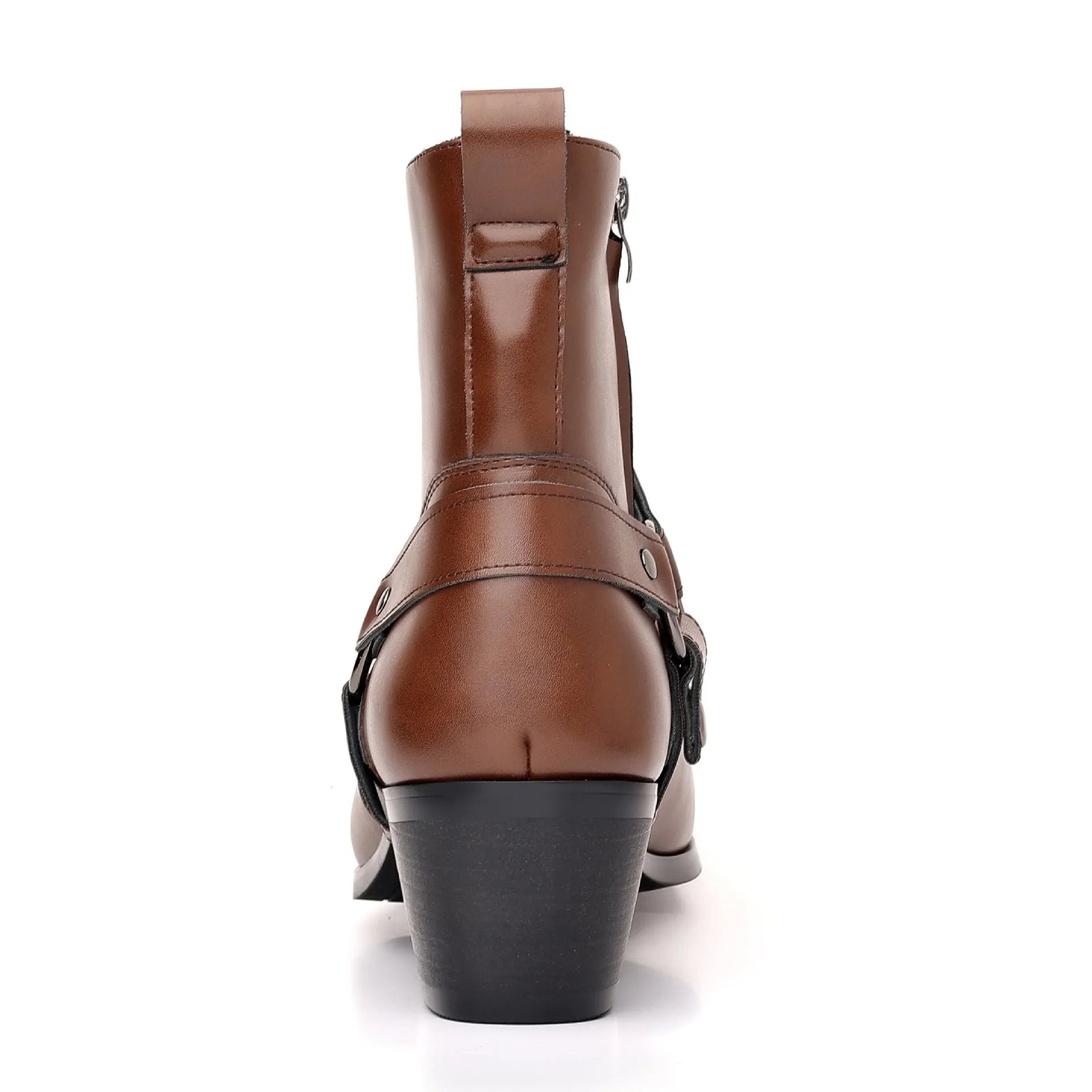 Trendy wild chain boots for men and women in black, artificial PU upper, rivet detail, side zipper, horse-shoe heel