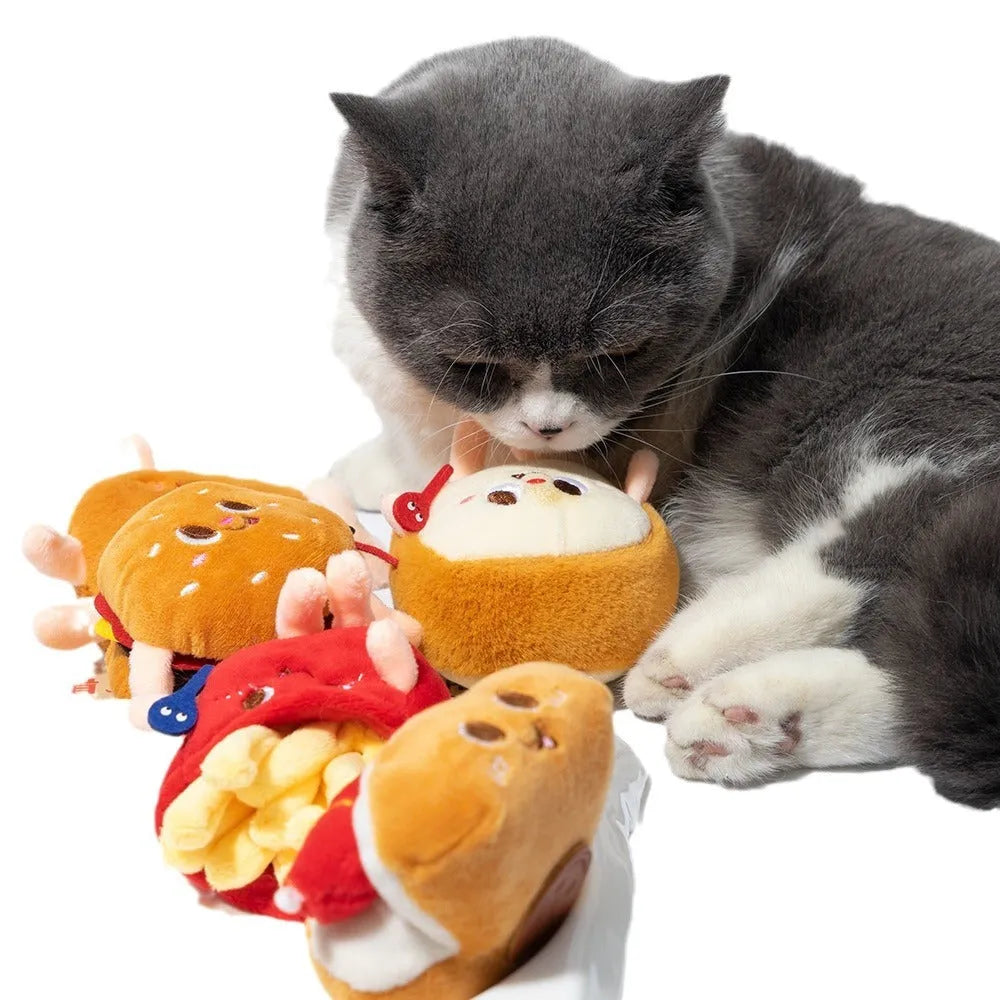 Set of five soft cat chew toys shaped like a hamburger, chicken leg, fries, bread, and hot dog for teething kittens.