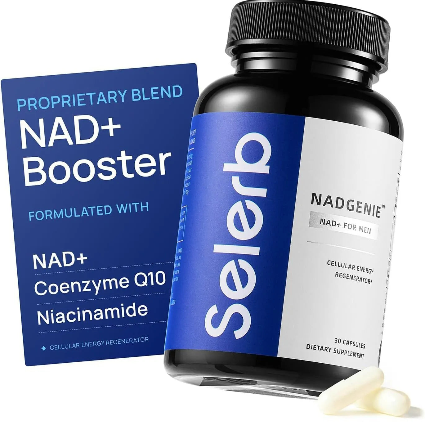 Men's NAD capsule supplement bottle with 30 tablets, extraction process formula