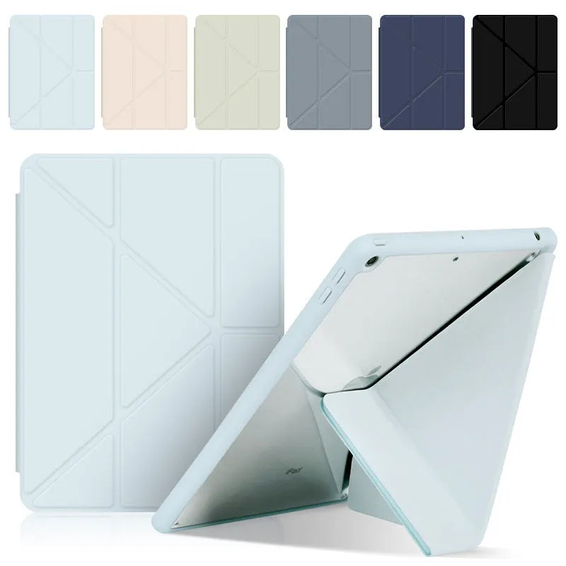 Slim imitation leather iPad case in dark grey with Y-fold bracket open and Apple Pencil in built-in slot.